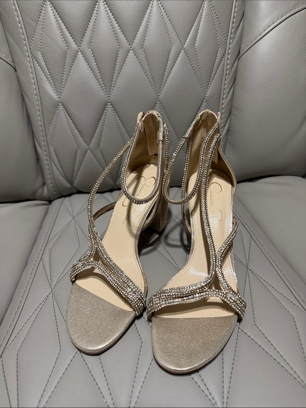 Jessica Simpson Metallic Gold Rhinestone Block Heel Sandals - Picture 5 of 11